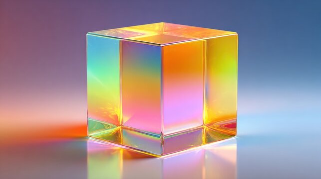 Floating holographic cube with light prisms in digital space, representing immersive 3D technology