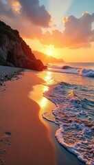 Serene Sunset Coastal Scene Golden Light Bathes Calm Ocean Waves on Sandy Shore, Perfect for Travel, Vacation, and Nature Website Banners, Postcards, and Brochures.