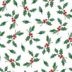 Watercolor holly berry seamless pattern on white background. Christmas gift wrapping paper.