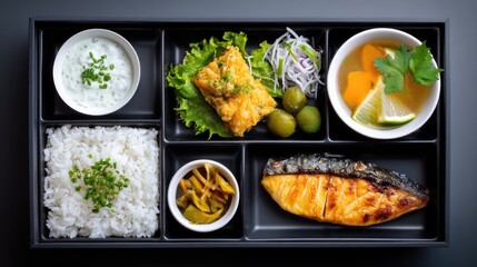 Delicious Traditional Japanese Bento Box with Grilled Fish and Sides
