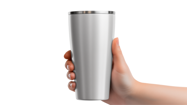 Hand holds a stainless steel tumbler against a stark  isolated on transparent background - Powered by Adobe