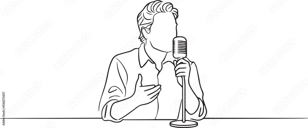 Poster continuous line drawing of a figure speaking into a microphone with one hand gesturing in modern bla