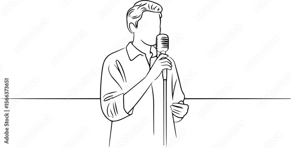 Poster continuous line drawing of a figure speaking into a microphone with one hand gesturing in modern bla