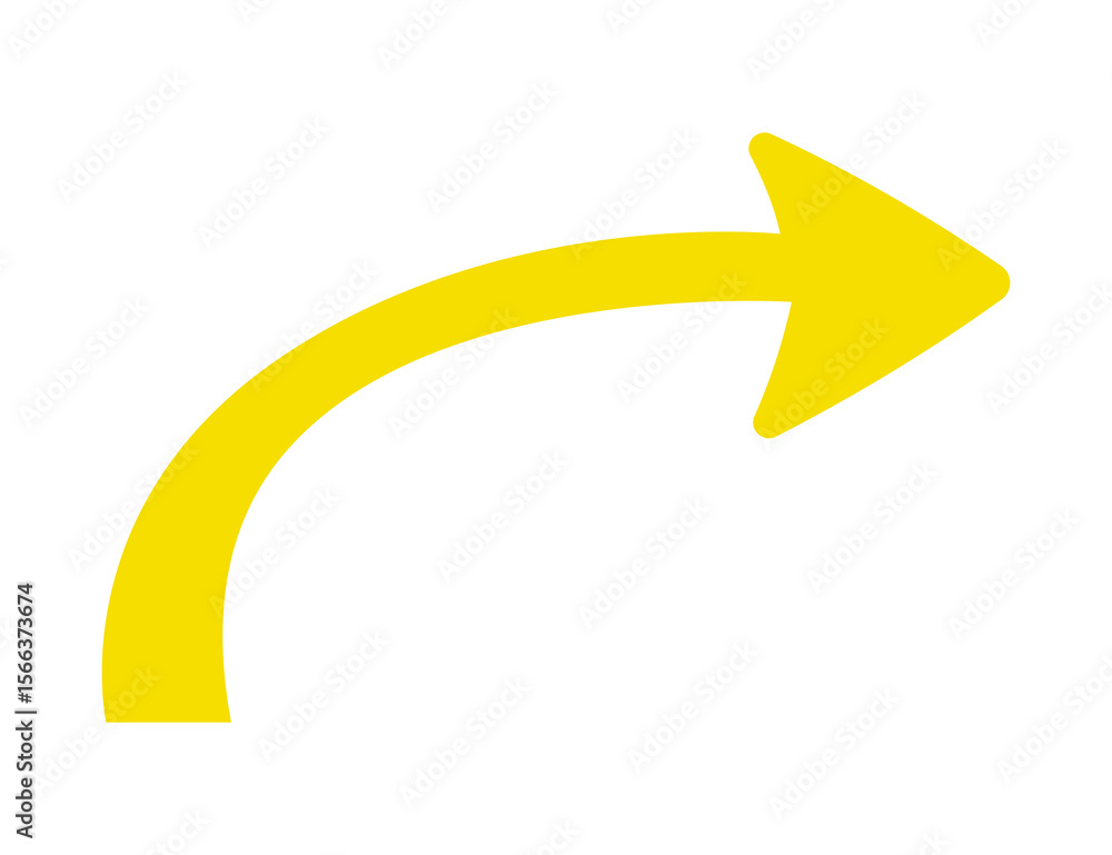 Poster bright yellow curved arrow pointing right and upwards on a black background isolated on transparent 