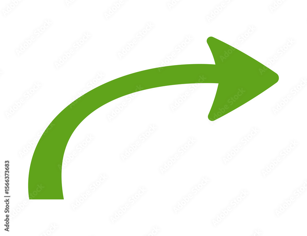 Poster curved green arrow pointing right forward direction isolated on transparent background