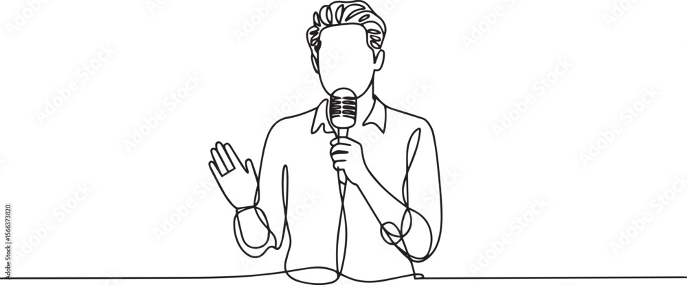 Poster continuous line drawing of a figure speaking into a microphone with one hand gesturing in modern bla