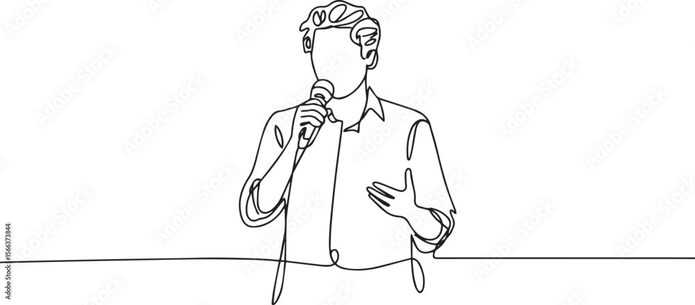 Poster continuous line drawing of a figure speaking into a microphone with one hand gesturing in modern bla
