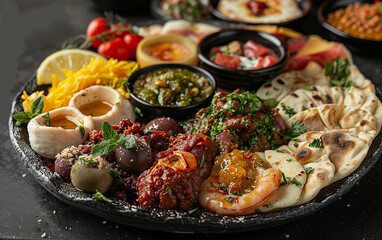 Delight in this vibrant Mezze platter: a delicious spread of various Middle Eastern appetizers, dips, and fresh bread.