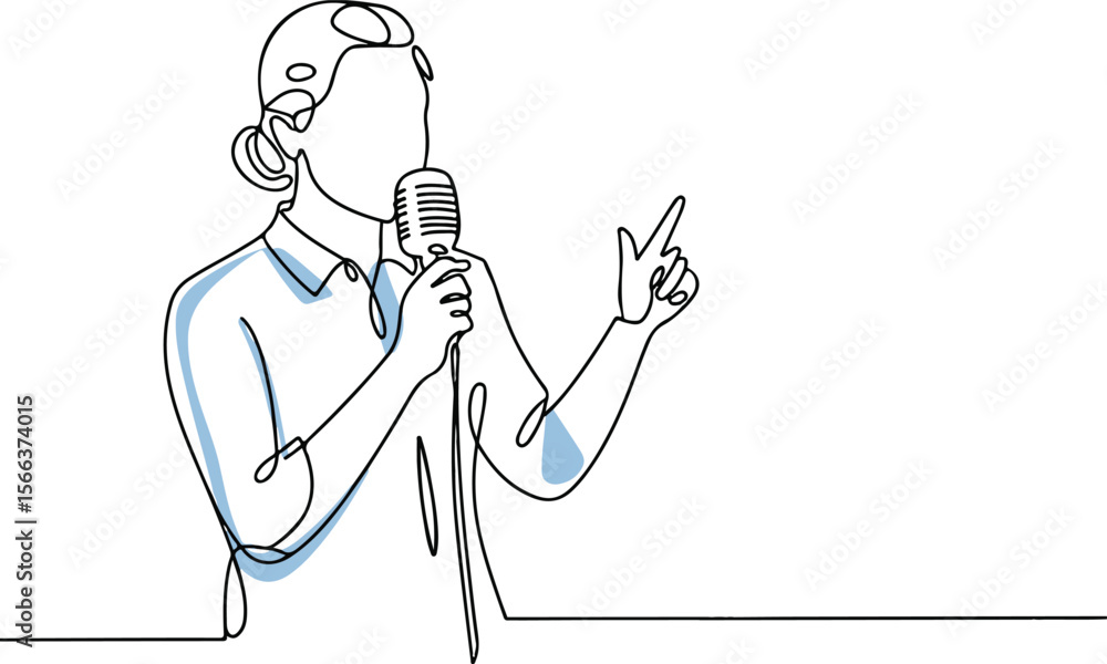 Poster continuous line drawing of a figure speaking into a microphone with one hand gesturing in modern bla