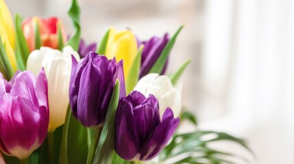 Obraz premium Vibrant tulips with green foliage, soft daylight, copy space. Fresh spring floral beauty in natural harmony.