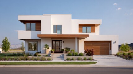 Modern minimalist home with wood accents and landscaped garden