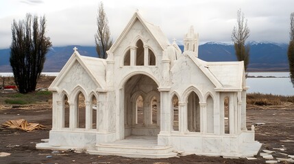 Obraz premium Stunning Marble Chapel Model by Lake, Mountain View