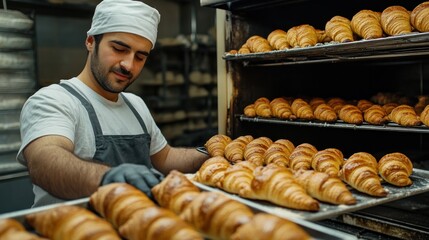 Baker arranging croissants in a bakery