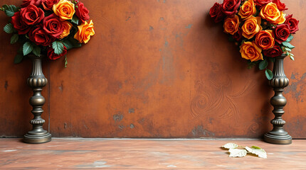 Two vases with orange and red roses on a rustic wooden table.