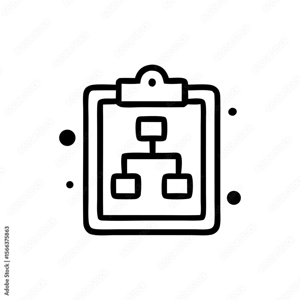 Poster simple black and white icon of a clipboard displaying a flowchart diagram.