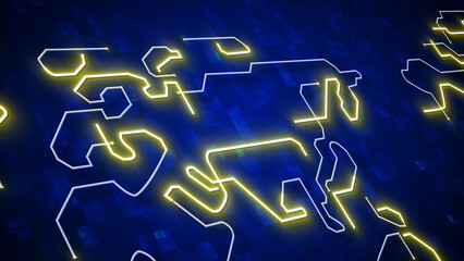Glowing Neon World Map with Digital Grid