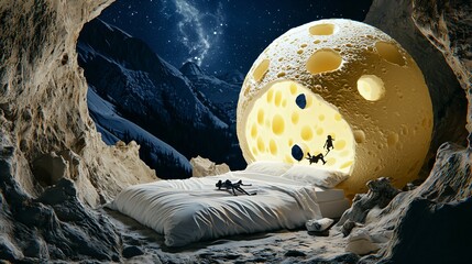 A Swiss cheese moon floating above a bed, with shadowy dream figures emerging from its holes, creating a mysterious and imaginative night scene that symbolizes subconscious fears, whimsical dreams
