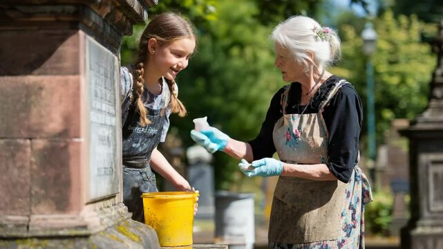 A mother and daughter cleaning a gravestone together, bucket and brush in hand, bright afternoon light