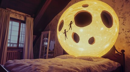 A Swiss cheese moon floating above a bed, with shadowy dream figures emerging from its holes, creating a mysterious and imaginative night scene that symbolizes subconscious fears, whimsical dreams