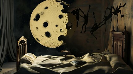 A Swiss cheese moon floating above a bed, with shadowy dream figures emerging from its holes, creating a mysterious and imaginative night scene that symbolizes subconscious fears, whimsical dreams