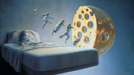A Swiss cheese moon floating above a bed, with shadowy dream figures emerging from its holes, creating a mysterious and imaginative night scene that symbolizes subconscious fears, whimsical dreams