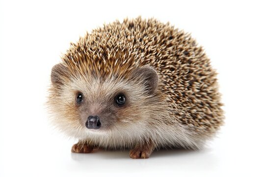 Close-up of a cute baby hedgehog with tiny paws and spiky quills looking directly at the camera on a white background