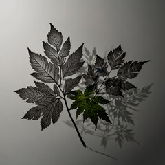 Two detailed plant branches with one green leaf and others in grayscale isolated on transparent background