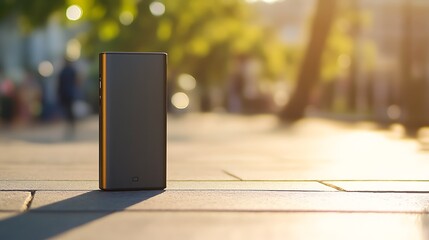 A sleek portable power bank placed on the left, blurred travel setting