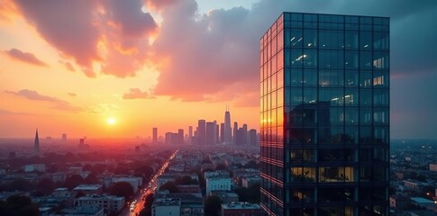 Modern Glass Office Building Reflecting City Skyline at Sunset ? A Stunning Image of Corporate Success and Urban Development, Perfect for Real Estate and Architectural Projects.