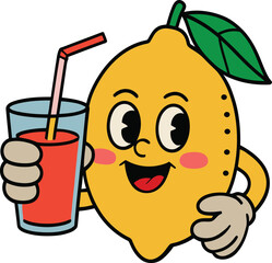 Retro Cartoon Lemon Character Holding Refreshing Lemonade Illustration
