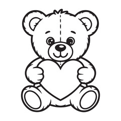 Cute cartoon teddy bear sitting and holding a large heart shape with its paws black and white line art illustration