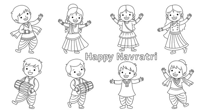 Happy navratri celebration with children in traditional indian attire isolated on transparent background