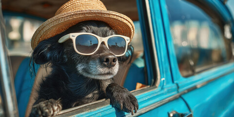 A cool black dog wearing stylish sunglasses and a straw hat leans out of the window of a vintage blue car, ready for a fun road trip adventure on a sunny day