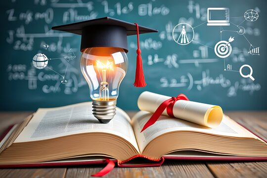 Illuminated knowledge concept graduation cap on lightbulb above open book with diploma and educational icons on chalkboard background