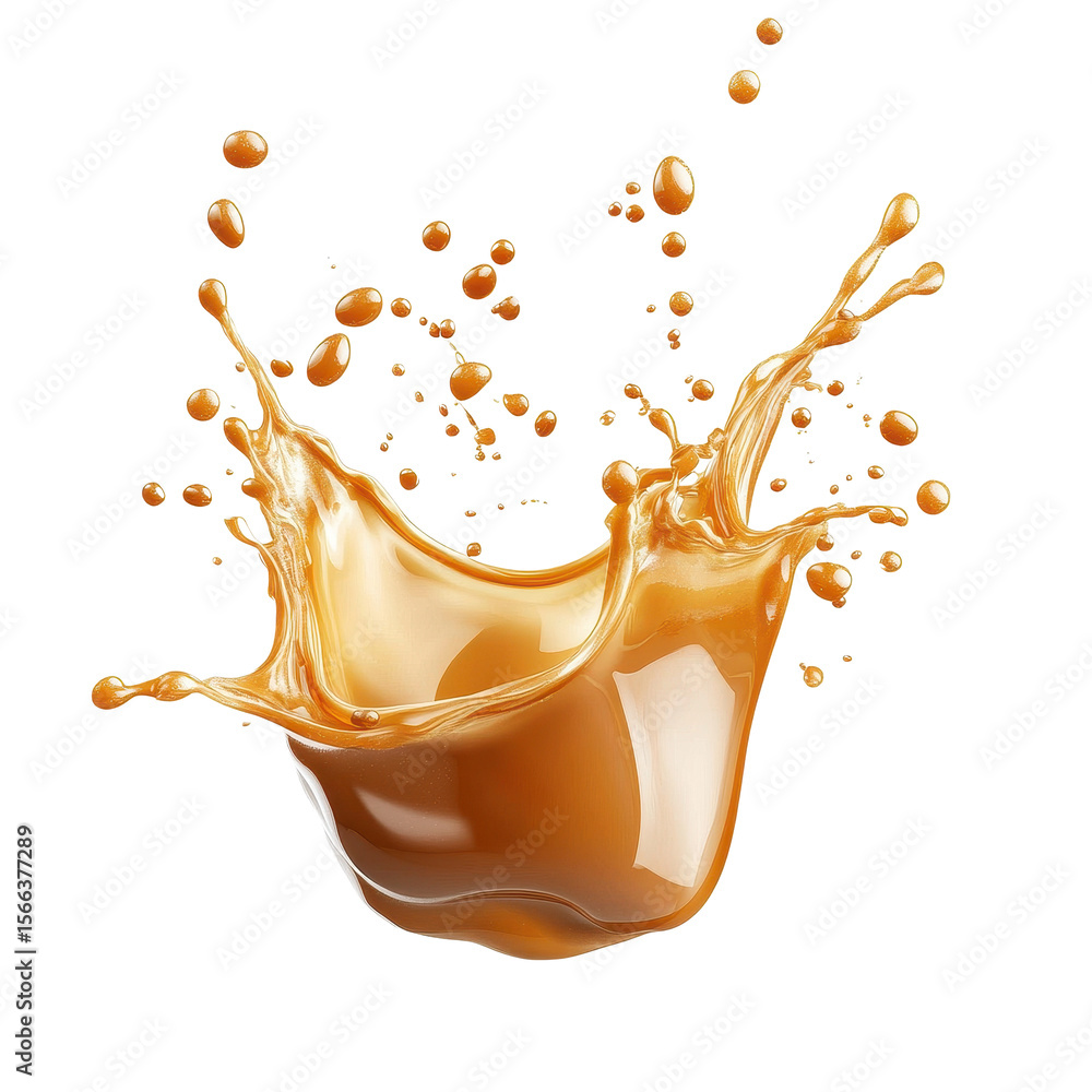 Poster caramel splash creating dynamic patterns on a white background highlighting texture and motion, cara