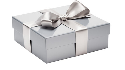 Elegant silver gift box with a delicate satin ribbon  isolated on transparent background