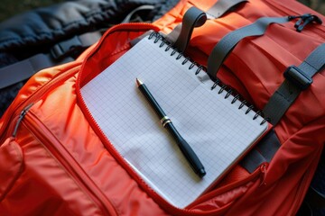High Quality Image of a Red Backpack with a Notebook in it and a Pen in it