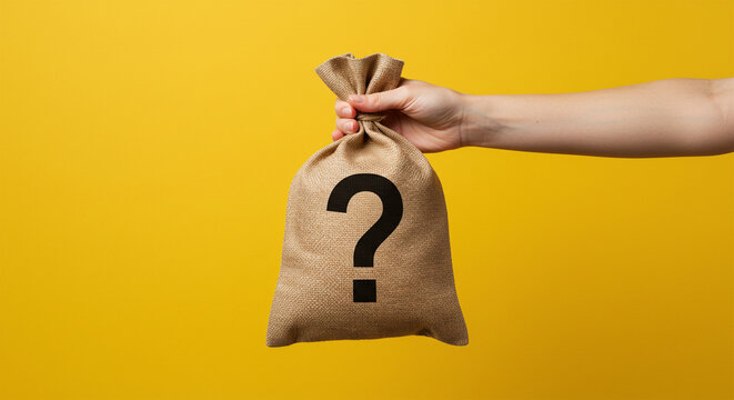Questionable Fortune: A hand presents a brown bag adorned with a bold question mark, symbolizing financial uncertainty and the unknown risks. The scene is set against a vibrant yellow backdrop.
