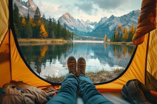 View from a tent on a serene lakeside morning with mountains reflecting in the calm water
