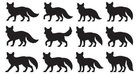 Silhouette Foxes in Various Poses, Wildlife and Nature Illustration, Black and White Graphics with Minimalist Design on White Background