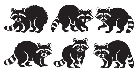 Naklejka premium Stylized Raccoon Silhouettes Featuring Masked Faces and Bushy Tails, Embodying Wildlife Charm and Whimsical Design Elements in a Vector Illustration