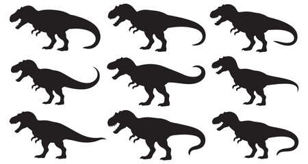 Nine Black Tyrannosaurus Rex Silhouettes Arranged on a White Background Depicting a Prehistoric Scene