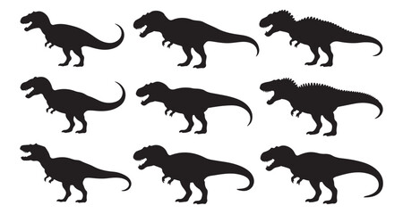 Obraz premium Silhouette Renderings of Various Dinosaurs Demonstrating Prehistoric Wildlife and Paleontological Study Figures Featuring Different T Rex Poses