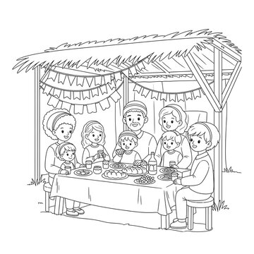 family eating sukkah, black and white clip art preview