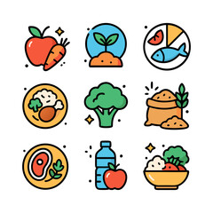 Colorful, illustrated icons showcasing various healthy food items for dietary concepts.