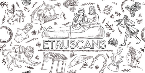 Ancient Etruscan Doodles horizontal banner. vector background