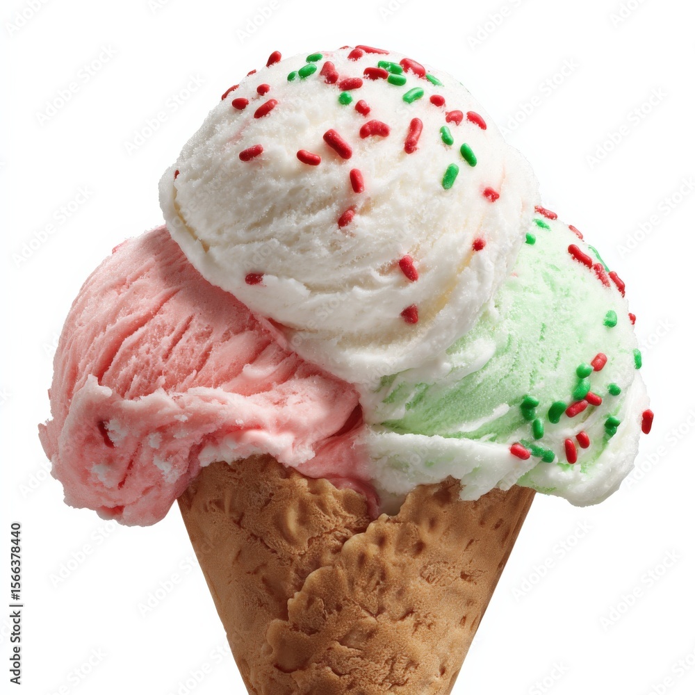 Poster colorful three scoop ice cream cone with sprinkles in waffle cone isolated on white background