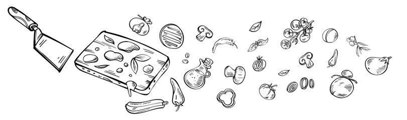 Doodle Pizza Pattern Background. Horizontal Hand-Drawn Vector Artwork