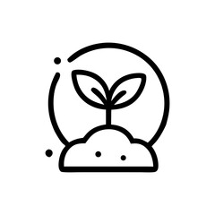 A simple line drawing of a seedling growing from soil within a circle, representing growth or environment.