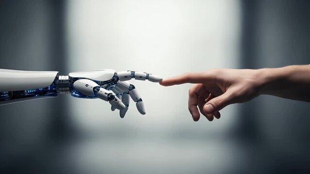 A robot and human hand touching fingers in a futuristic setting